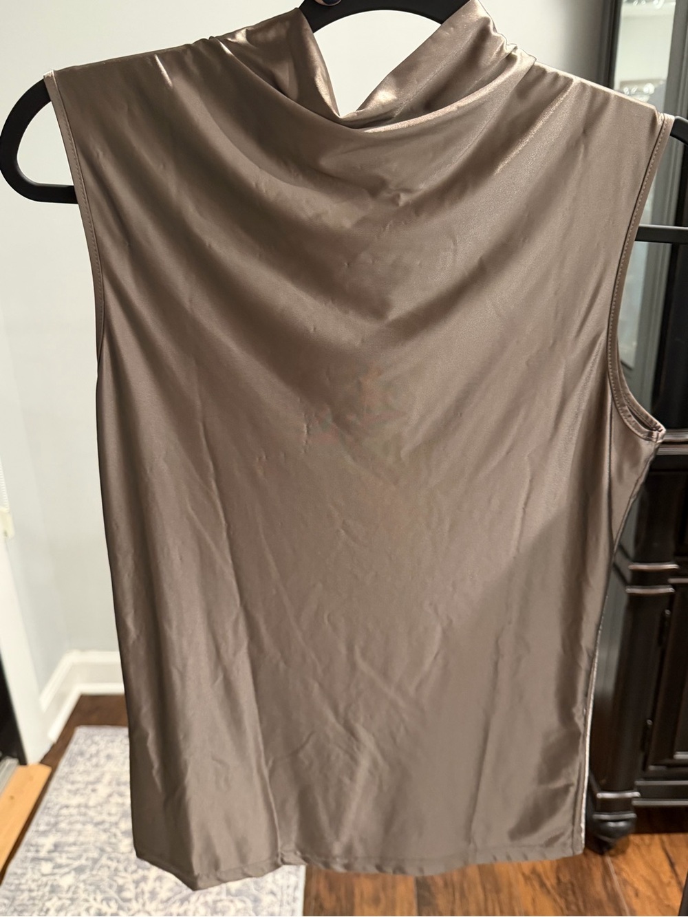 Sleeveless Satin Cowl Neck Top in Taupe